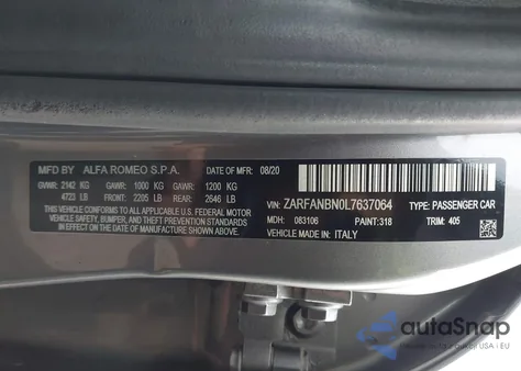 2020 Alfa Romeo Giulia Ti Sport Awd from USA, damaged, VIN ZARFANBN0L7637064